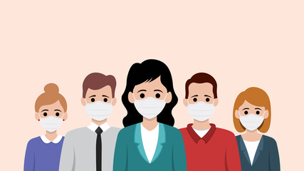 Group of business people wearing medical mask to stop the spread of corona virus.vector illustration	