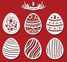 Easter eggs set. White ornamental eggs for laser cutting on red background. Icons for greeting card