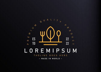 Nature vegan food logo design. Vector illustration of abstract line forming tree, spoon and fork. Vintage logo design vector line icon template