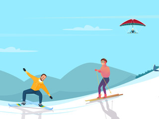 vector illustration of couple skier mountains snow. ski mask rest in mountains flat art