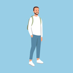 Fototapeta premium Simple fashionable man wearing long sleeve white shirt and blue jeans isolated on background flat vector illustration