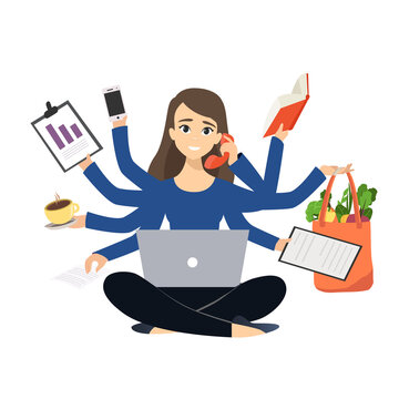 Woman Working Very Hard, Multitasking Woman With Many Stuff To Do Flat Vector Illustration Isolated On White Background