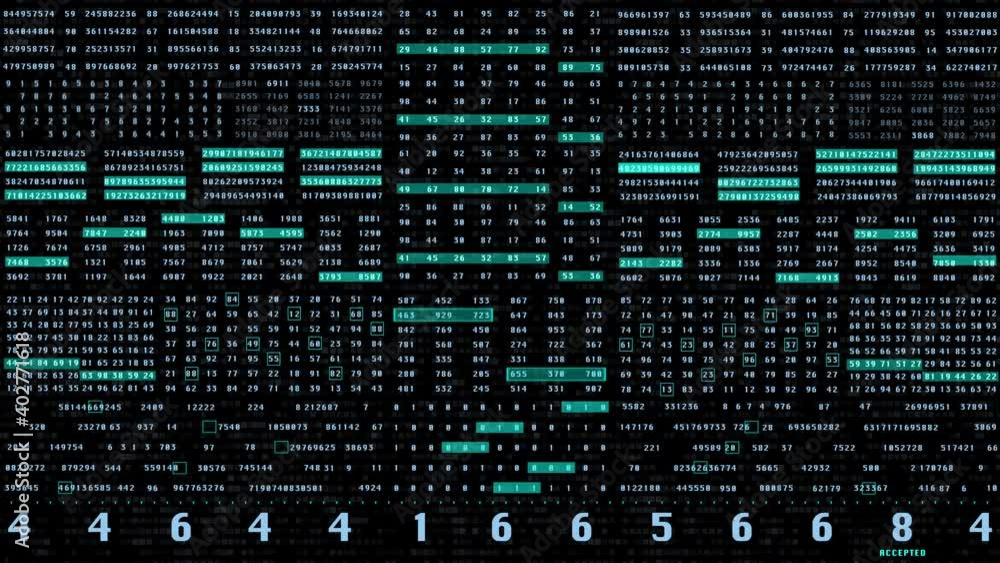 Fototapete Digital Scientific Technology Binary Data Number Code. 4K Motion HUD Decimal Statistics Algorithm Selection Panel Display.