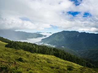 Smoke and fog over the landscapes. beautiful mountains with blue sky, Mount Hehuan, Taiwan