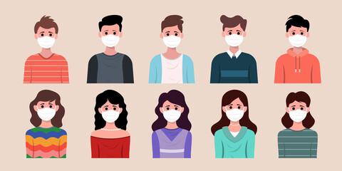 Set of man and woman wearing medical mask in flat illustration style.