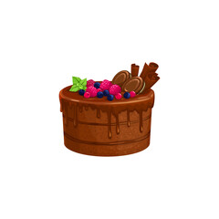 Fototapeta na wymiar Chocolate cake or cream pie, dessert sweets food, vector isolated icon. Chocolate cocoa cake with molten caramel fondant, bakery pastry dessert sweets tiramisu or brownie with fruits and cookies