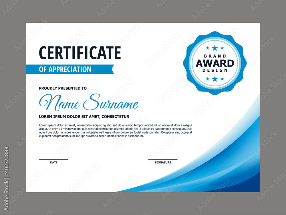 Poster abstract smooth certificate with blue curvy element design, professional, modern, elegant certificat