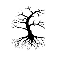 Creepy dead tree silhouette vector illustration. Autumn, winter season, nature death hand drawn monocolor symbol. Scary tree with bare crown monochrome drawing. Lonely wood, dry branches, root system