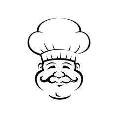 Senior professional chef outline illustration. Gourmet. French, italian cook contour isolated design element on white background. Chef in hat with mustache character. Baker, confectioner clipart