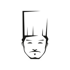 Professional chef with narrow eyes outline vector illustration. Asian cook with hat isolated element. Traditional, cuisine, gastronomy. Chef, confectioner character. Restaurant logotype, logo idea