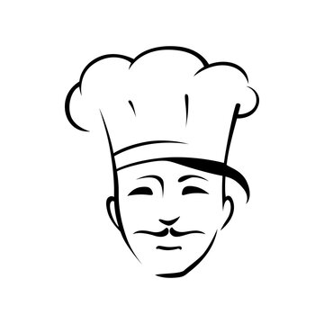 Mexican chef outline vector illustration. Professional cook with thin mustache isolated character on white background. Cook, confectioner, baker design element, Restaurant, cafeteria logo