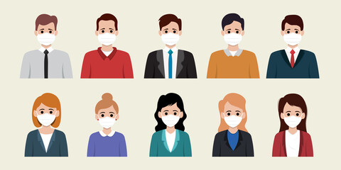 Icon set of business man and business woman wearing medical mask. Vector illustration.	
