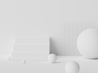 3d rendering geometric forms. Blank podium display in white marble color. Minimalist pedestal or showcase scene for present product and mock up.