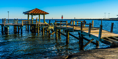 Multiple walking picnic piers broken up and destroyed by Hurricanes in the Gulfport-Biloxi area..