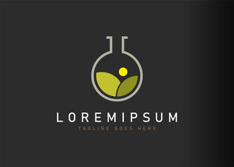 Sunrise lab logo design. Vector illustration of lab glass with sunrise inside the glass. Vintage logo design vector line icon template