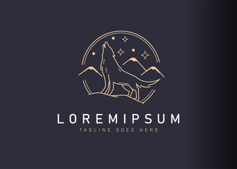 Wolf howling logo design. Vector illustration of wolf howling with mountain landscape. Vintage logo design vector line icon template © Profdesigns
