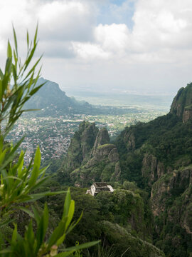 Tepozteco pyramid, sky view of the ruins from the mountains of Tepoztlan Morelos Mexico City