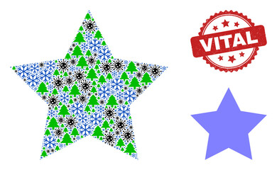 Winter Covid collage red star, and scratched Vital red rosette stamp seal. Collage red star is organized from virus, green tree, and frost symbols. Red Vital stamp seal uses rosette shape.