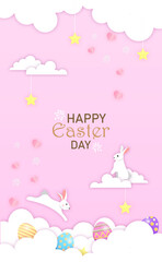 Fototapeta na wymiar The Little bunny playing Easter eggs on cloud. Happy Easter postcard of vector paper cut.