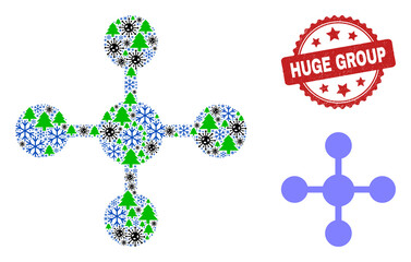 Winter coronavirus mosaic mesh node, and dirty Huge Group red rosette stamp seal. Mosaic mesh node is created from virus, fir tree, and frost symbols. Red Huge Group stamp seal uses rosette form.