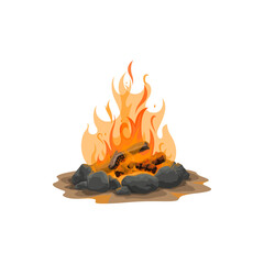 Firewood with stones and logs, hunting or camping campfire icon isolated vector fire © Vector Tradition