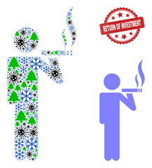 Winter pandemic collage smoker, and dirty Return of Investment red rosette stamp. Collage smoker is designed with flu virus, forest, and snowflake icons.