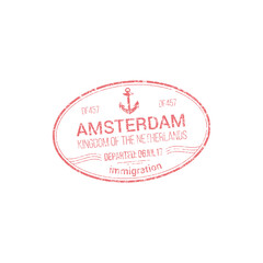 Immigration visa stamp of Amsterdam isolated Netherlands passport control seal. Vector international legal pass