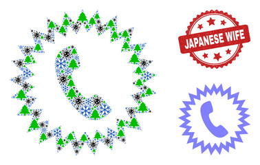 Winter Covid composition telephone alert, and scratched Japanese Wife red rosette stamp seal. Collage telephone alert is made of Covid, fir tree, and ice crystal icons.