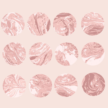 Round Light Pink Marble Pattern Texture Set. Vector Pale Illustration.