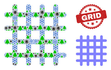 Winter Covid-2019 mosaic grid, and scratched Grid red rosette watermark. Mosaic grid is formed with Covid-2019, fir tree, and frost symbols. Red Grid watermark uses rosette form.