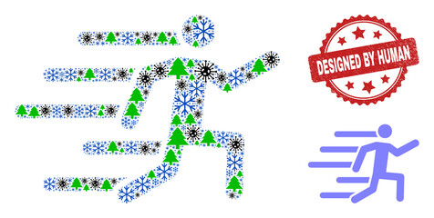 Winter viral collage active person, and dirty Designed by Human red rosette stamp seal. Collage active person is done from viral, fir-tree, and snowflake items.