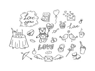 Valentine's Day doodle set. Collection hand-drawn vector elements for wedding or Valentine's Day design. Hearts, bear, rose, wedding ring and other romantic elements. Black outline isolated