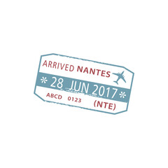 Visa stamp arrived to Nantes Atlantique Airport NTE isolated. Vector immigration seal, arrival stamp