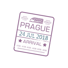 Prague arrival stamp to railway station isolated grunge sign with train and date. Vector grunge immigration sign to Czech Republic, border control symbol. International visa with date and train