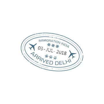 Arrived to Delhi oval stamp in passport isolated grunge seal with date and planes sign, international airport of India country border control stamp. Asian destination visa, postal mark Delhi location