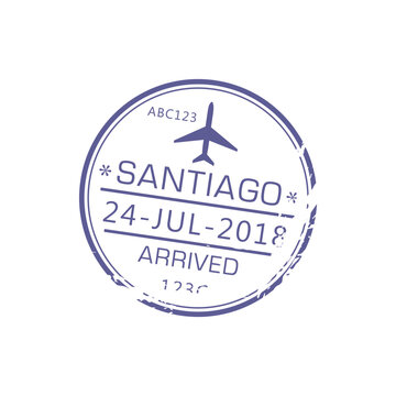 Santiago de Chile or Santiago de Compostela arrived stamp isolated grunge icon with airplane. Vector arrival seal to Spain, autonomous community of Galicia or Chile, America. Travel destination sign