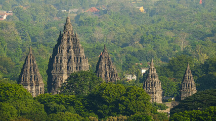 Aerial view of prambanan temple at the morning