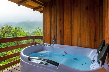 Hot tub on a balcony with view over the cloud forest, Mindo, Ecuador.