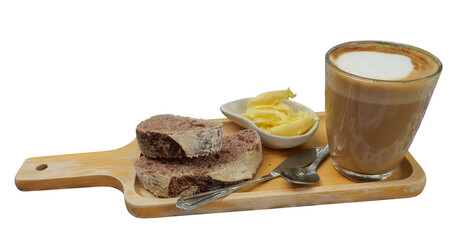 Sourdough bread  with butter and Latte coffee glass cup in on wooden cutting board, Set meal and hot drink isolated on white background
