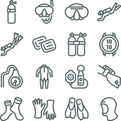 Diving icon illustration vector set. Contains such icons as goggles, scuba, watch, suit, tanks, gloves, and more. Expanded Stroke