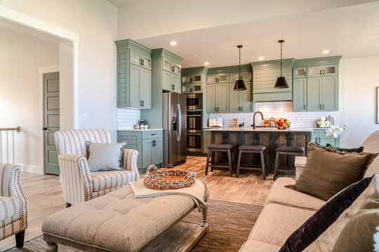 Cozy furniture in living room with view of the cooking area and kitchen island