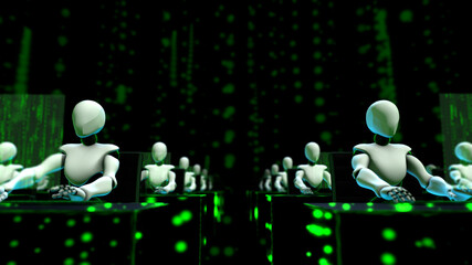 3d illustration of humanoid robots working with computers.