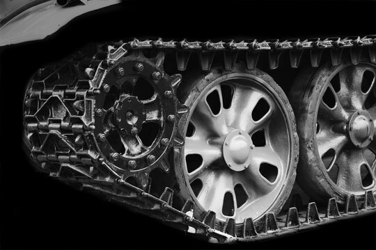 Old Army Tank Wheels Black And White Photo