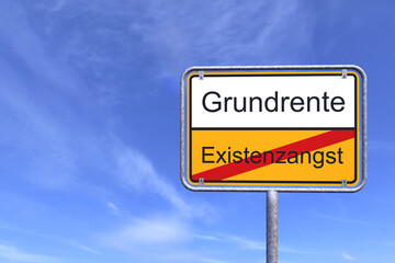 3d Illustration - Ortsschild - Ortstafel - Grundrente - Existenzangst - Himmel - Wolken