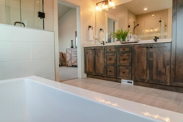 Bathtub and double sink bathroom vanity with wooden cabinets and large mirror