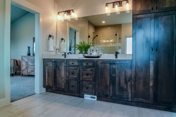 Double sink vanity unit with wooden cabinets and large mirror inside bathroom
