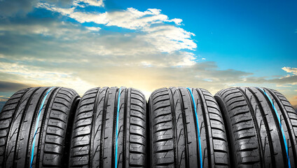 Summer car tires on over blue sky with clouds. Tire stack background. Car tyre protector close up. Black rubber tire. Brand new car tires. Close up black tyre profile. Car tires in a row © Aleksei