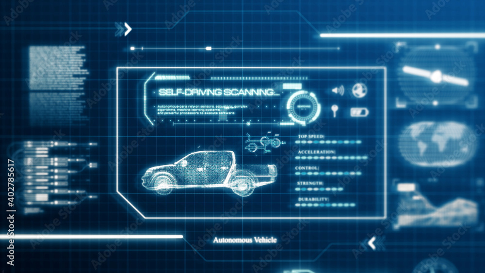 Poster hud self-driving vehicle pickup truck car specification scanning test user interface on computer scr