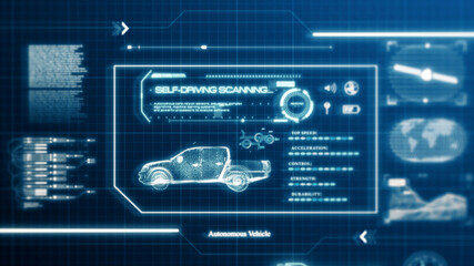 HUD self-driving vehicle pickup truck car specification scanning test user interface on computer screen pixel display panel background. Blue hologram sci-fi tech concept. Front view. 3D illustration - obrazy, fototapety, plakaty