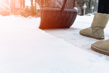 Service cleaning snow winter with shovel after snowstorm. Snow removal in wintertime. Working...